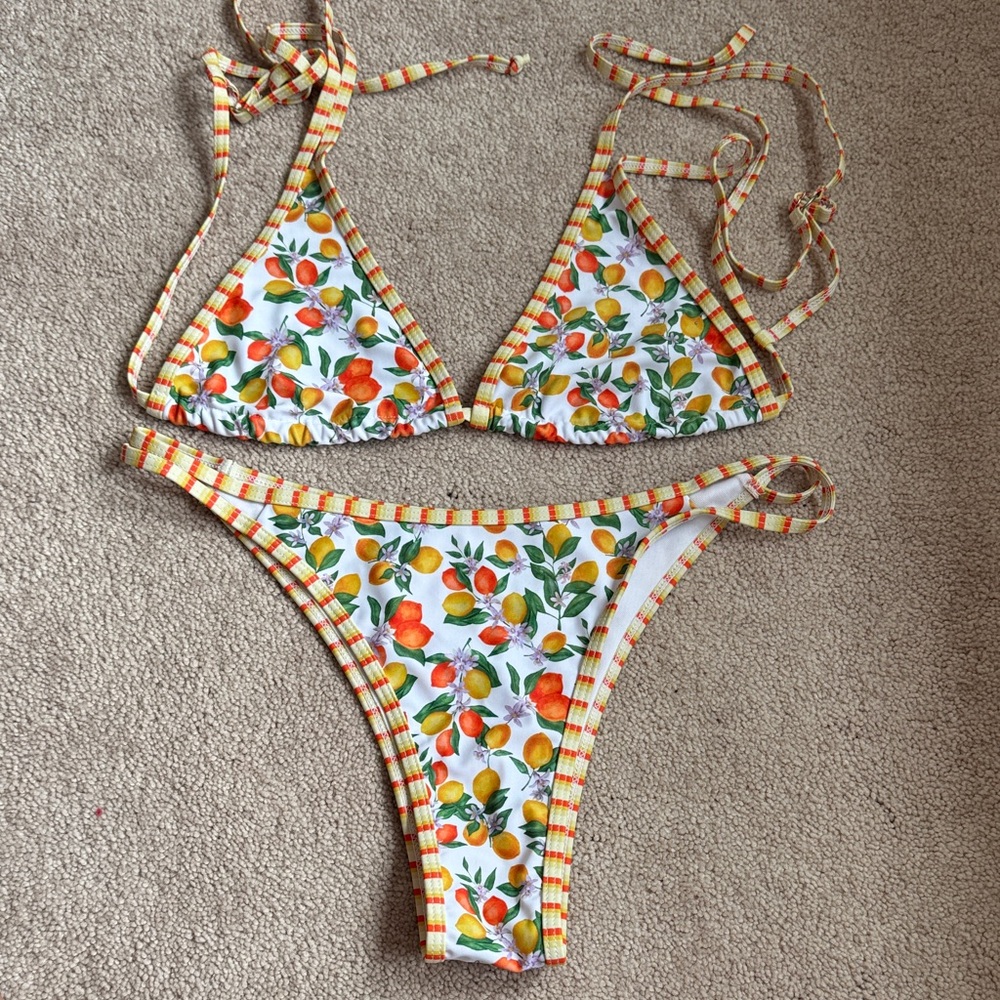 Women’s Lemon & Orange Print Triangle Bikini - White/Yellow/Orange